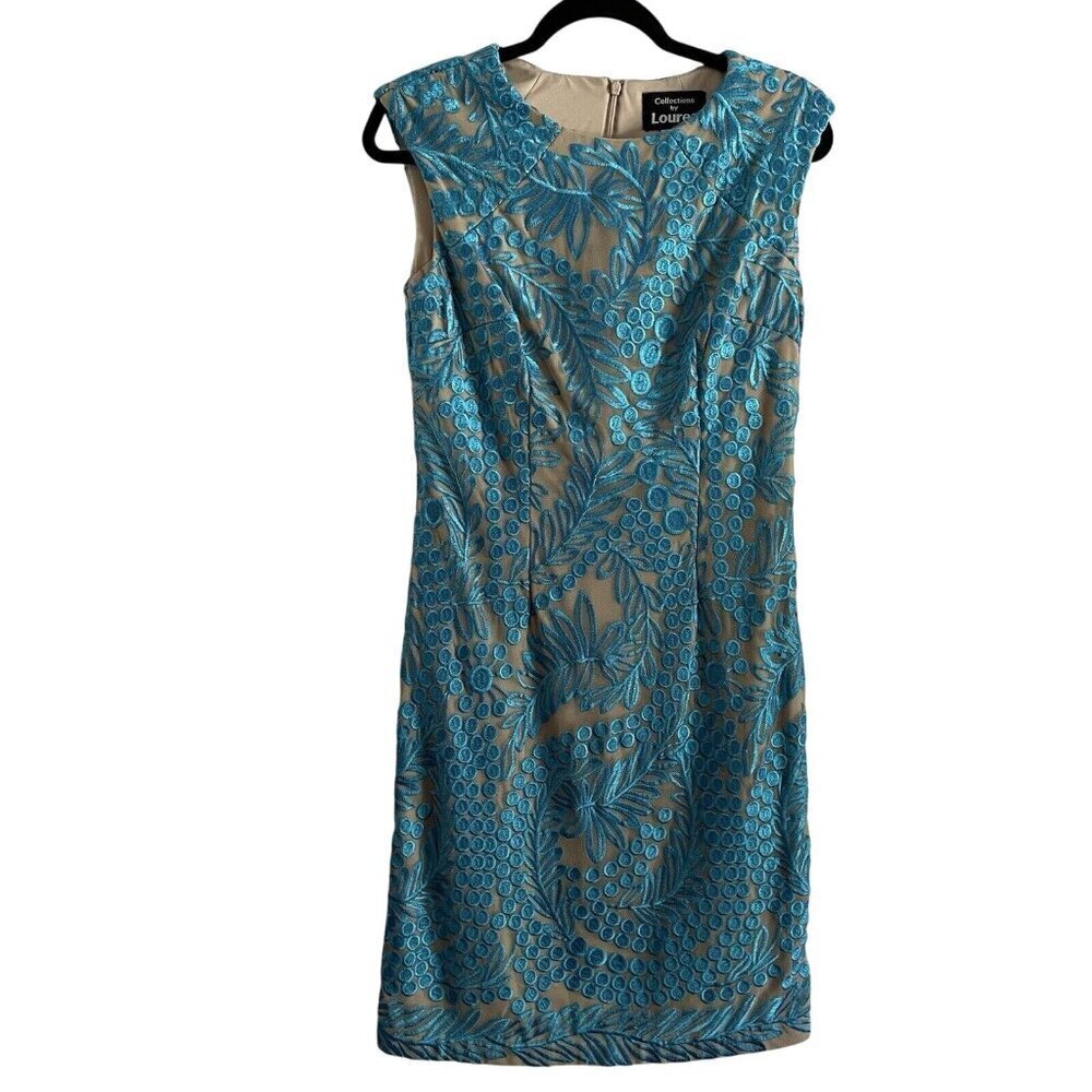 Collections By Lourea Women 6 Teal Blue Lace Embroidered Sleeveless Sheath Dress